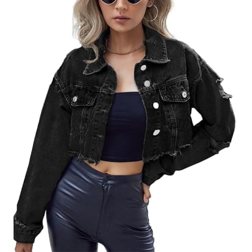 Image of Tidecc Women's Cropped Denim Jacket Long Sleeve Button Down Fringe Raw Hem Ripped Jean Cardigan Outerwear Black