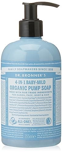 Image of Dr Bronner’s 4-in-1 Organic Unscented Baby Sugar Soap, Made with Organic Oils, Sugar Shikakai Powder, For Hands, Body, Face & Hair, Fair Trade Certified & Vegan Friendly, 335ml Recycled Pump Bottle