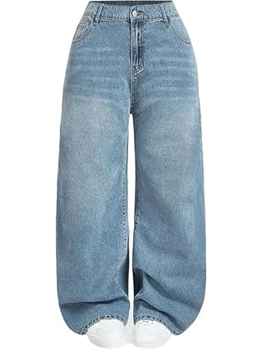 Image of Vaimti Plus Size Casual Wide Leg Baggy Jeans, High Waist Denim Trousers (UK, Alpha, 3XL, Plus, Regular, Blue)