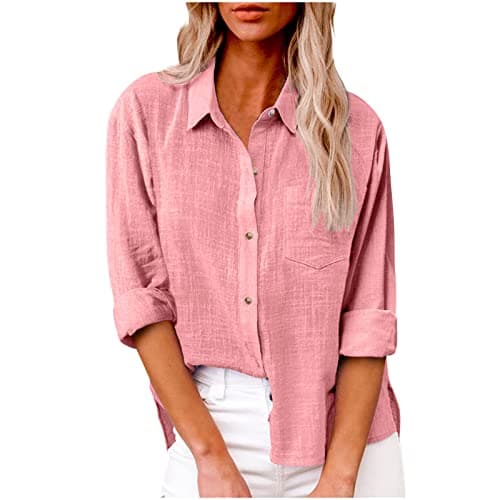 Image of AMhomely Long Sleeve Tops for Women UK Casual Cotton Linen Blouse Plus Size Lapel Button Down Shirts Solid Oversized Tshirts Loose Fit Business Office Tunic Tops with Breast Pocket Dressy Tops Pink M