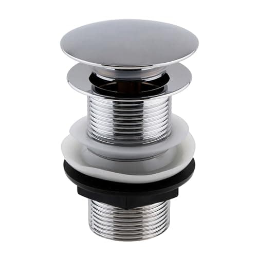 Image of ENKI, W02, Chrome, Unslotted, Standard 1.1/4" Connection Pop Up Basin Waste Sink Plug, Push Button Click Clack, Allows Water to Drain Away, Durable Finish, Modern Bathroom Accessoires