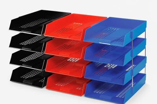 Image of OS Smart Choice A4 Letter Trays, 4-Tier Stackable Document Organiser set, Plastic Desktop Filing System, Black/Red/Blue 12 Trays