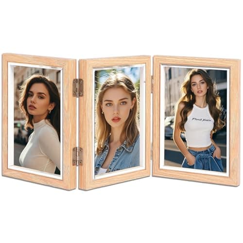 Image of Natural Wood Triple Photo Frame, 3-Fold 3 Picture Photo Frame For Tabletop Desk Display, Hinged Multi-Photo Frames For Family Wedding Memories, Home Office Decor 4.76×6.73 Inches