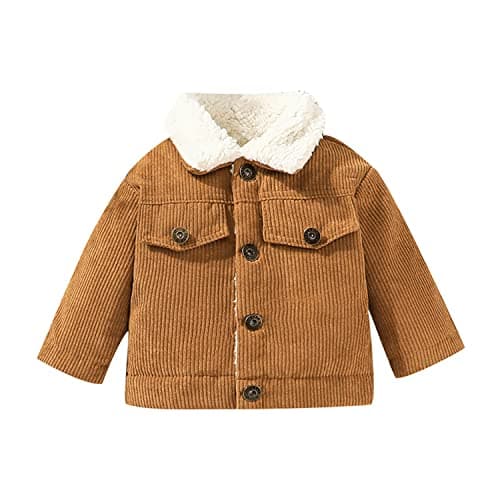Image of Alunsito Kids Baby Boys Girls Corduroy Jacket Long Sleeve Buttons Thicken Fleece Sherpa Lined Warm Jackets Winter Outerwear Brown 3-6 Months