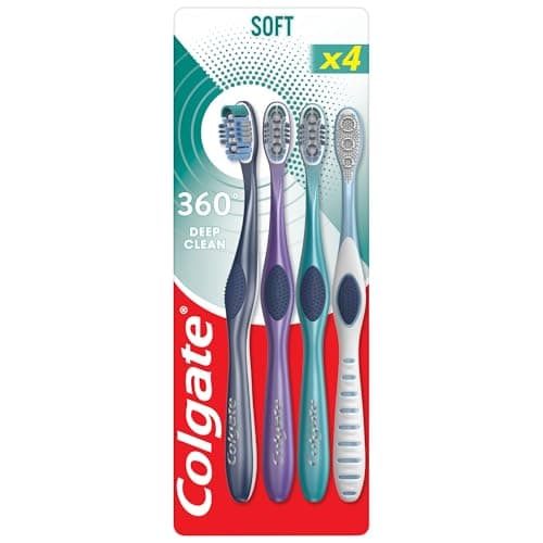 Image of Colgate 360 Deep Clean Soft Toothbrush 4 Pack - removes Bacteria from Teeth, Tongue, Cheeks and Gums - interdental bristles Clean Between Teeth - polishing Cup Remove Plaque - Antibacterial bristles*