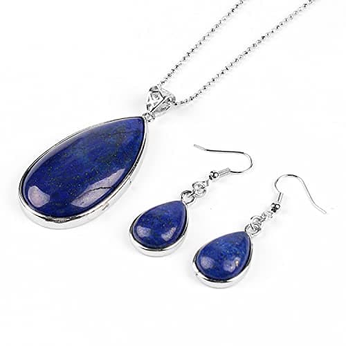 Image of Ladies Matching Jewellery Set for Women - Teardrop Design Necklace Pendant & Drop Earrings - Blue Stone Jewellery - With Gift Box (Lapis Azuli)