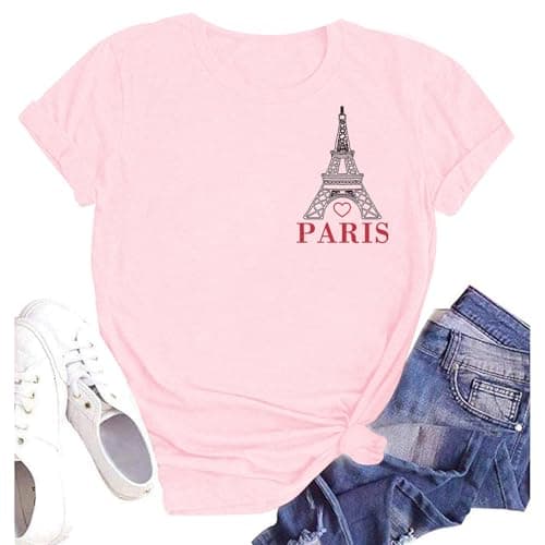 Image of SUWATOIN Womens Paris T Shirt Love Paris Eiffel Tower Shirts Travel in France European Vacation Tees Pink