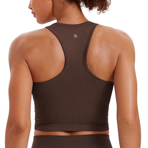 Image of CRZ YOGA Women's Longline Ribbed Crop Tank Top Padded Wireless Racer Back Sports Bra Yoga Vest Tops with Built in Bra Hot Fudge Brown 10