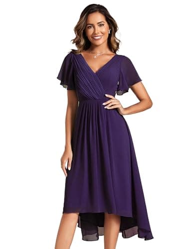 Image of Ever-Pretty Women's Formal Wedding Guest Dress V-Neck Ruffle Sleeve Chiffon Gown with Flowy High-Low Hem in Bridesmaid Prom Dark Purple 22