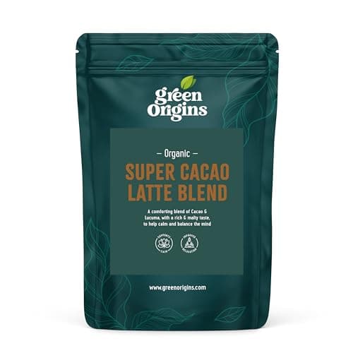 Image of Green Origins Organic Super Cacao Latte Blend to Calm & Balance the Mind | No Added Sugar | Vegan Hot Chocolate Powder | 10 Servings, 150g | Gluten Free, Dairy Free, Kosher