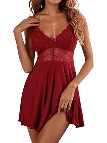 Image of Bunanphy Women's Sexy Lingerie Set Babydoll Chemise Night Dress Lace Sleepwear with G-String Wine Red #G 12-14