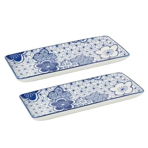 Image of Carousel Home Set of 2 Japanese Style Blue and White Ceramic Serving Platters, 24.5cm Rectangular Sushi Snack Tray Chinoiserie Serving Dishes