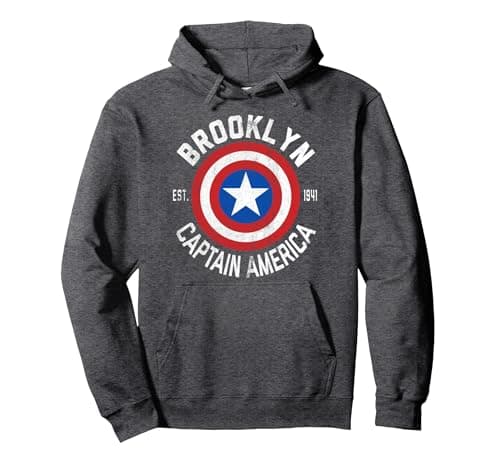 Image of Marvel Comics Retro Classic Captain America Brooklyn Shield Pullover Hoodie, Adult Unisex, Dark Heather Grey, Large