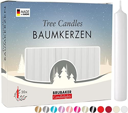Image of BRUBAKER Tree Candles - Pack of 20 - White - 3.75 x 0.5 Inches (9.5 x 1.27cm) - Made in Europe - Pyramids, Carousels & Chimes
