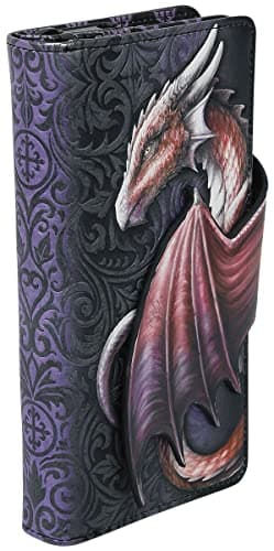 Image of Nemesis Now Take Flight Embossed Purse Spacious Gold Dragon Wallet, 18.5cm, PU Leather, Purple/Black, Intricate Baroque Designs, Wing Opening Purse, Multiple Card Slots & Zipped Coin Compartment