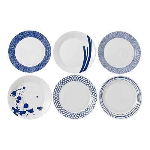 Image of Royal Doulton 40034435-Large Set of 6, Pacific Blue Collection Tableware Perfect for Breakfast, Lunch and Dinner-Blue & White Plates, 29cm, Porcelain