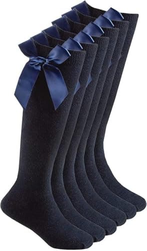 Image of COSHAL® 3 Girls Knee High School Cotton Socks with Fluffy Ribbons Bow, Back to School Sock's Uniform Party Comfort Fit Long Socks Stocking Girls Knee High Kids School Sock Size (12-3) Navy KHB