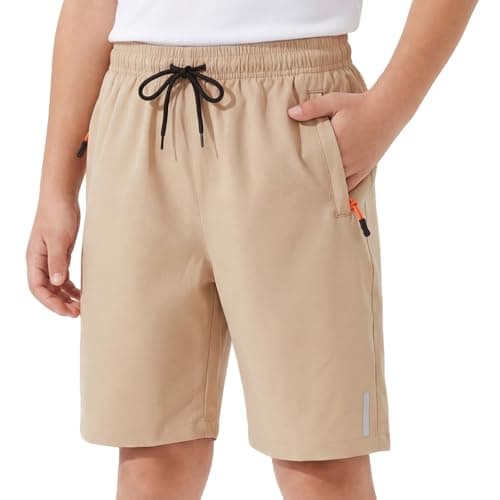 Image of Hoseay Boys Shorts Kids Quick Dry School PE Short with Reflective Strips and Zipper Pockets Breathable Drawstring Athletic Shorts Lightweight Activewear Football Cycling 12-13 Years, Khaki