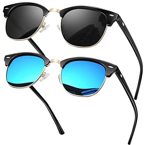 Image of KANASTAL 2 Pairs Blue Sunglasses Polarised Mens Semi Rimless Womens Retro Horn rimmed UV400 Protection - Half Frame Blue Mirrored + Shiny Black Lens