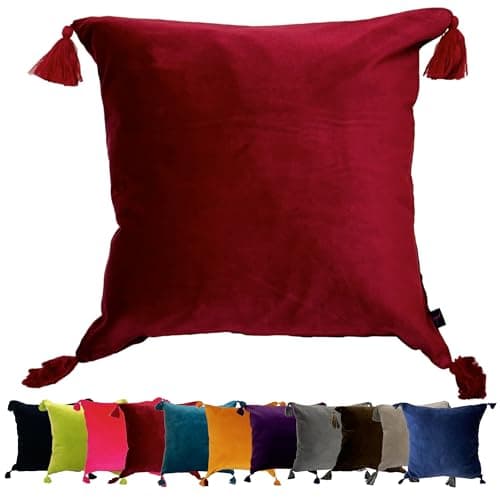 Image of Ragged Rose Velvet Cushion Covers - Sasha Square Tassel Cushion Covers 45cm x 45 cm - Soft, Elegant, Luxury Cotton Velvet Fabric Pillow Cases for Lounge Area & Bedroom, Red