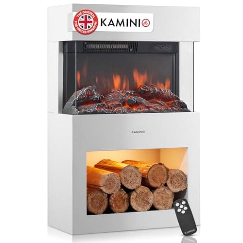 Image of KAMINIO Electric Fireplace HENRI - Electric Stove with Heater, 3D Flame Effect, LED Mood Light, Wood Storage Compartment, Remote Control (White)