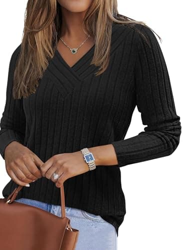 Image of PLOKNRD Women's Lightweight Jumpers Ladies V Neck Tops Long Sleeve T Shirts Fashion Sweater Size 6 8(Black,S)