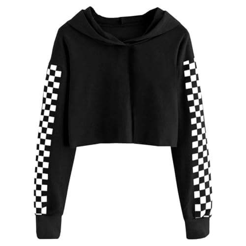 Image of BOVOSHA Kids Hoodies For Girls Crop Top Plaid Long Sleeve T Shirts Boys Hooded Sweatshirt Casual Clothes (Black, 12-14T)