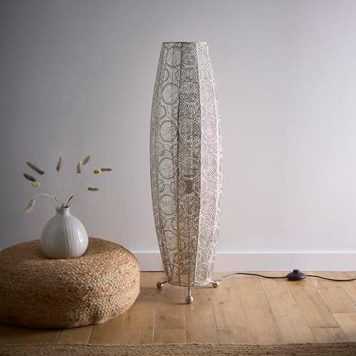 Image of Aziza Moroccan Style Satin Nickel Floor Lamp | Intricate Cut-Out Design with Bulb Included | Decorative Lighting for Living Room, Bedroom, or Hallway