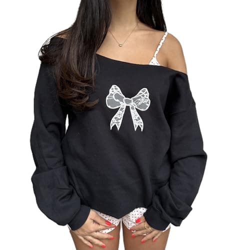 Image of HodJIU Women Y2K Off Shoulder Sweatshirt Bow Embroidery Oversized Jumper Pullover Cute Print Long Sleeve Shirts Tunic Top (Black White Bow, S)