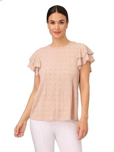 Image of Adrianna Papell Women's Pleated Knit Double Sleeve Top, Champagne/Black Scatter Seed, M