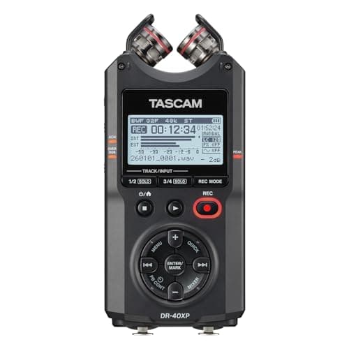 Image of TASCAM DR-40XP 4-Channel 32-Bit Float Portable Handheld Field Recorder and USB-C Audio Interface — With 2 XLR/TRS Inputs and Adjustable Mics for Music, Audio for Video and Interviews