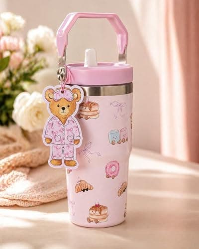 Image of Lamai Beauty Bear Factory Cute Teddy Bear Insulated Tumbler with Handle, Stainless Steel, 700ml, Reusable Travel Mug, Kawaii Pink