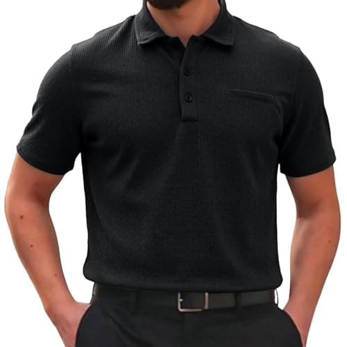 Image of Breeze Polo Shirts for Men Beer Belly Wearbreeze Collared Textured Shirt Stretchy Quick Dry Casual Golf Short Sleeve, Ultra Comfortable Textured Breathable Refreshing Silky Black