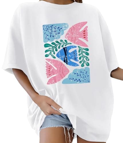 Image of Lonya Women's T-Shirts Oversized Tops for Women Y2k Animals Graphic Tee Round Neck Cute Ladies Short Sleeve Retro Summer Casual Baggy Cotton Tee Tops, C-White, L