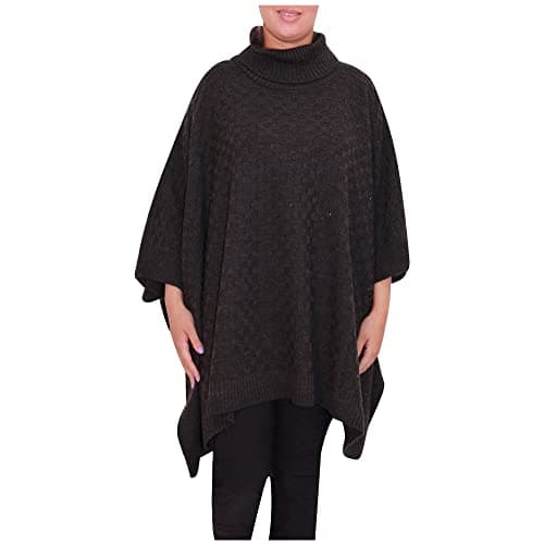 Image of Storm Island® Women Poncho Ladies Cowl Neck Knitted Poncho Cape Shawl Scarf Wrap Self Design Poncho for Women Winter Pull Over Cape for Ladies One Plus Size Poncho UK Size 14-30 Charcoal