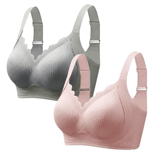 Image of Cotton Bralettes For Women Pack - Non Wired Padded Push Up Bras - Full Coverage Bra Adjustable Wide Strap W-Shape Support 2 Pack Ribbed Pregnancy Breastfeeding Bra Firm Hold Non Sleep Bralettes