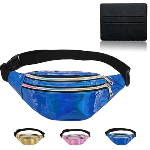Image of BAIYSFFG Metallic Fanny Pack Fashionable Waist Bag Waterproof Belt Bags Unisex Fashion Waist Casual Travel Bum Bag with 3 Zipper Pockets for Women Men Sports Running Hiking Jogging (Blue)