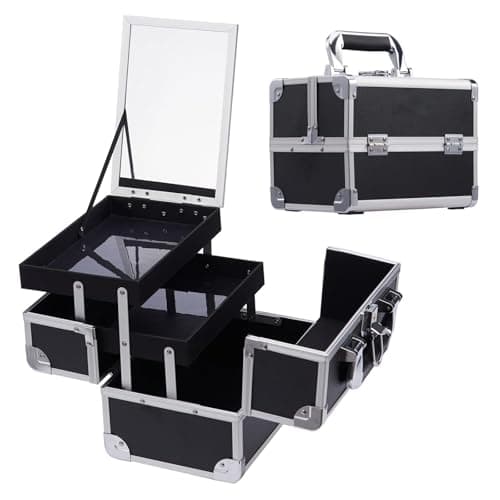 Image of Frenessa Cosmetic Case Makeup Organiser Box Beauty Storage Make Up Case Vanity Box with Mirror Lockable with Keys, Black