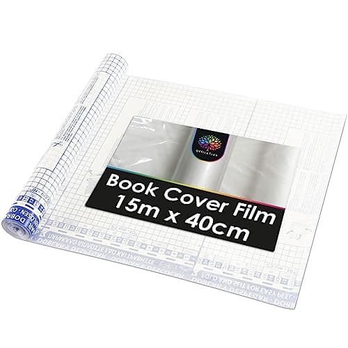 Image of OfficeTree Clear Book Cover Film Self Adhesive - 15m x 40cm - 60μ Strong - Sticky Book Covering Film - Book Laminate Roll - Clear Sticky Back Plastic Roll for School Books