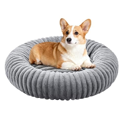 Image of Oveppy Donut Dog Bed for Medium Large Dogs, Roud Washable Dog Beds with Corduroy Fleece, Faux Fur Pet Bed with Removable Cover, Grey, 30x30x8 inches