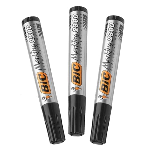 Image of BIC Marking 2300 Permanent Marker - Black Durable Plastic Body Marker Pen, Long Lasting Bold Ink Chisel Tip Markers for Office, School & Warehouse Labelling | Pack of 3
