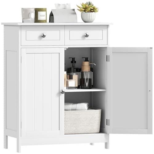 Image of kleankin 75x60cm Freestanding Bathroom Storage Cabinet Unit w/ 2 Drawers Cupboard Adjustable Shelf Metal Handles Traditional Style White