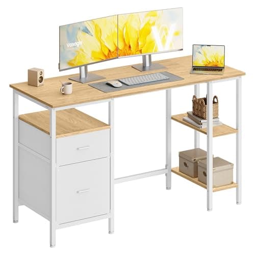 Image of VASAGLE Computer Desk, Work Desk with Storage, 3 Shelves, 2 Drawers, 127 x 50 x 76 cm, for Home Office, Living Room, Industrial Style, Natural Oak and Matte White LWD103YD01