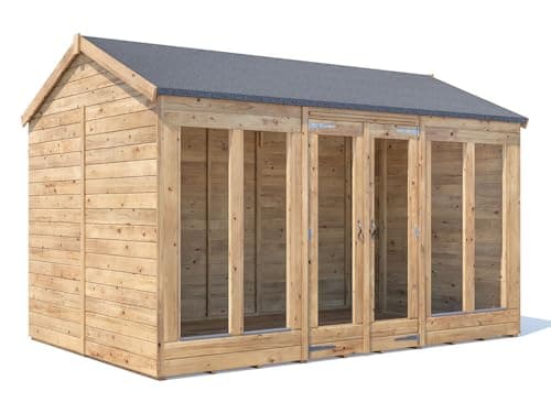 Image of Dunster House Summerhouse 3.6m x 2.4m Reverse Apex Roof, Fully Pressure Treated Timber, 15mm Tongue and Groove, walls Roof and Floor, 4mm Toughened Glass, Superfelt and Fixings Included
