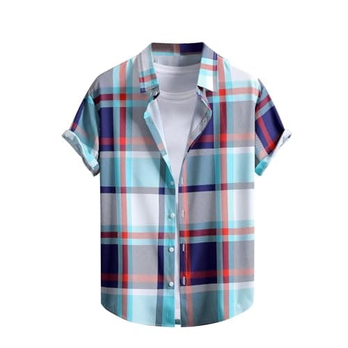 Image of RLEHJN Checked Shirt Mens Short Sleeve, Short Sleeved Shirts for Men Plaid Printed Regular Fit Beach Casual Shirt Button Down Turn-Down Collar Summer Tops Comfortable Lightweight Outerwear Navy