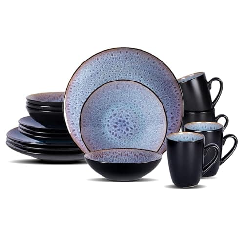 Image of HomeVSS 16-Piece Porcelain Dinnerware Set with Reactive Glaze - Plates & Bowls Sets, 4 Deep Plates, Bowls, Mugs, Microwave & Dishwasher Safe, Stackable Art Tableware for Family- Grey