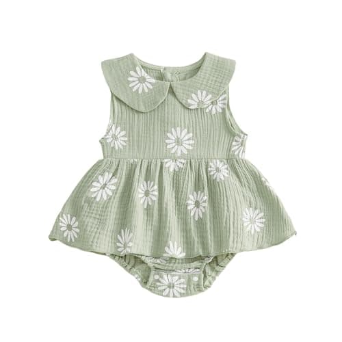 Image of XIXIMAON Newborn Baby Girl Romper Dress Doll Collar Sleeveless Daisy Flower Print Jumpsuit Infant Girl One Piece Clothes (Green, 0-3 Months)