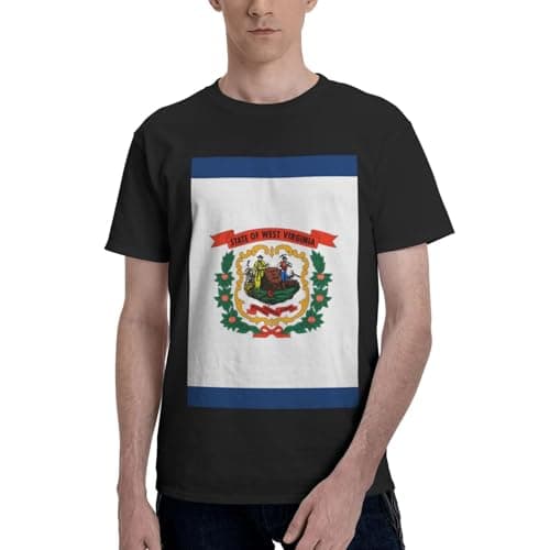 Image of West Virginia Flag Print T Shirts, Short Sleeve Crew Neck T-Shirt, Slight Stretchy Cotton Tee Tops for Men and Women Black