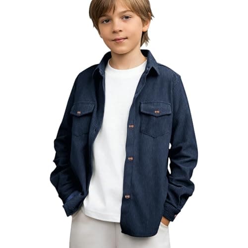 Image of Momolaa 11-12 Years Kids Corduroy Long Sleeve Shirt Jacket Shacket with Front Pockets Plain Button up Jacket Lightweight Spring Fall Casual Coat Cardigan for Girls Boys Navy