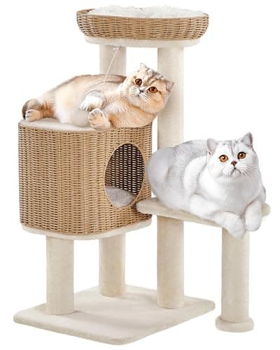 Image of Yaheetech 91cm Rattan Cat Tree, w/Wicker Bed, 48cm Scratching Post, Washable Cushion, Modern Pet Tower for Indoor Large Cats, Beige